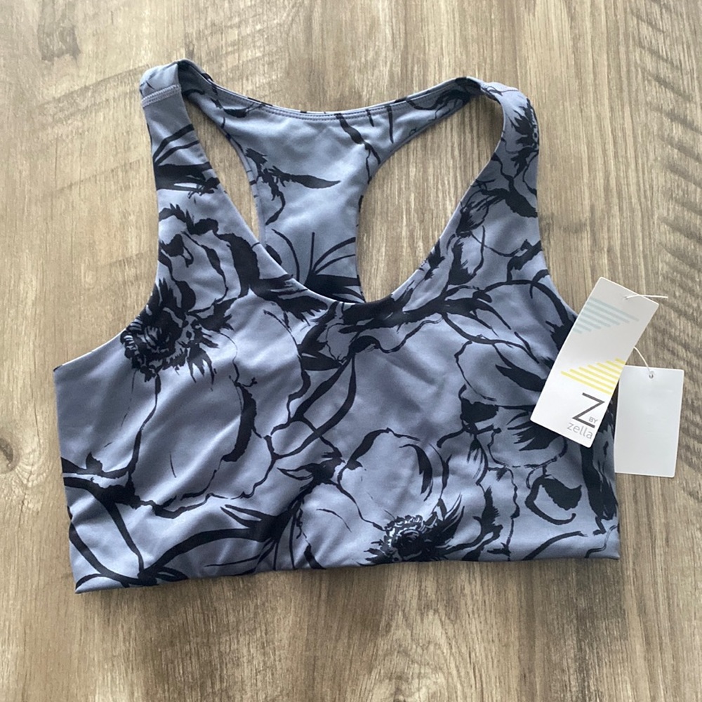 z by Zella sports bra grey black floral print size L